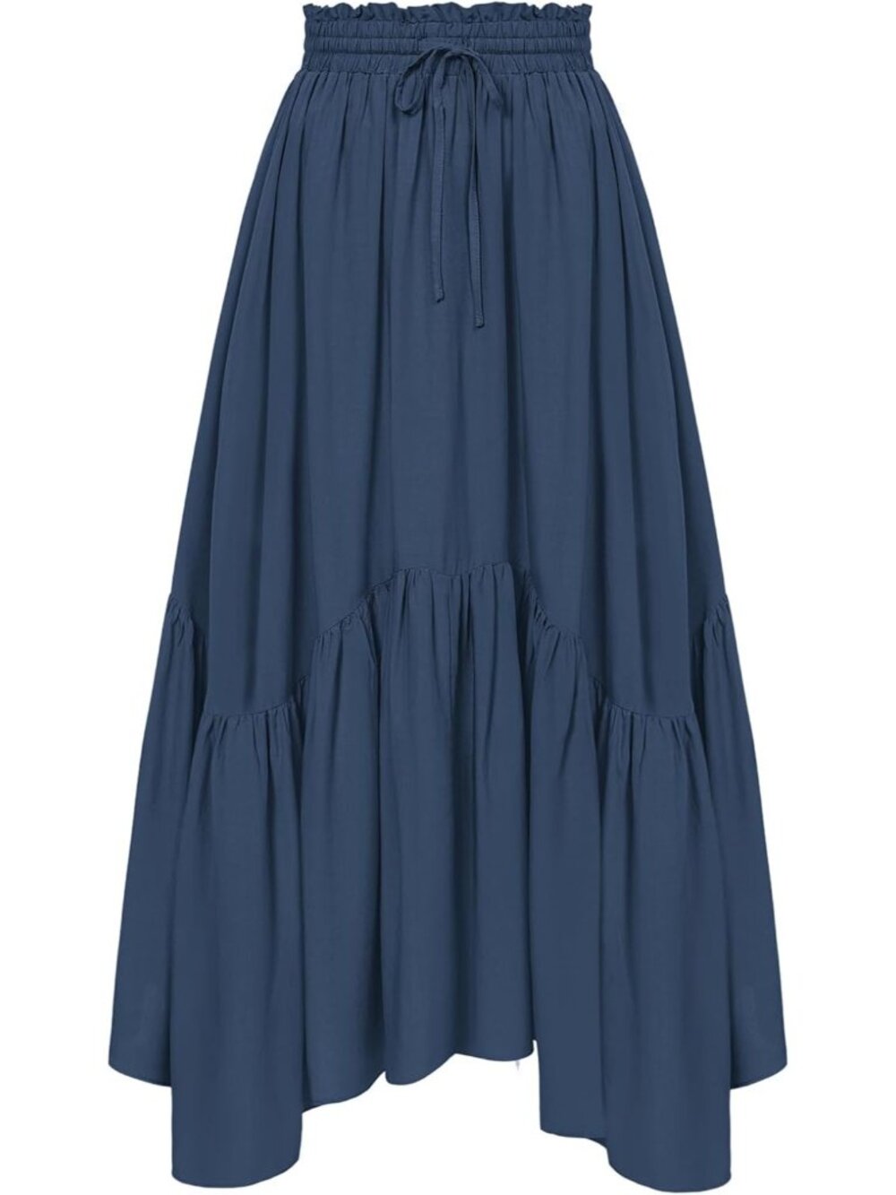 Women's Navy Blue Drawstring Renaissance Boho Flowy Asymmetric Tiered Maxi Skirt